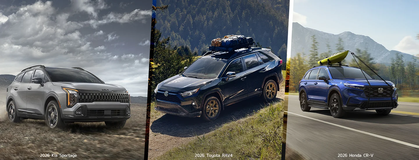 Side by side comparison of the 2026 Kia Sportage, Toyota RAV4, and Honda CR-V