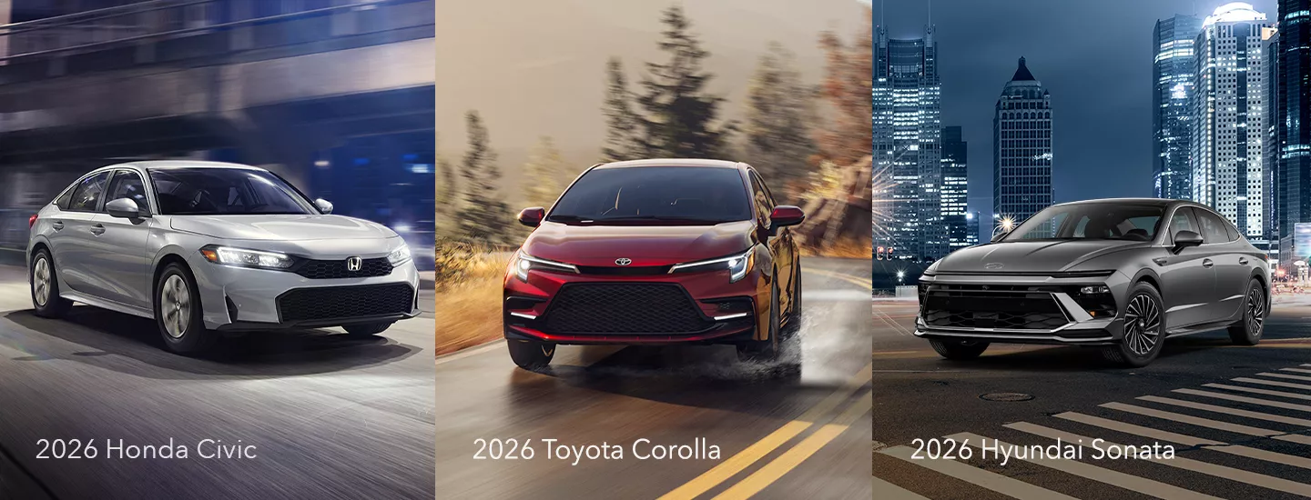 Side by side comparison of the 2026 Honda Civic, Toyota Corolla and Hyundai Sonata