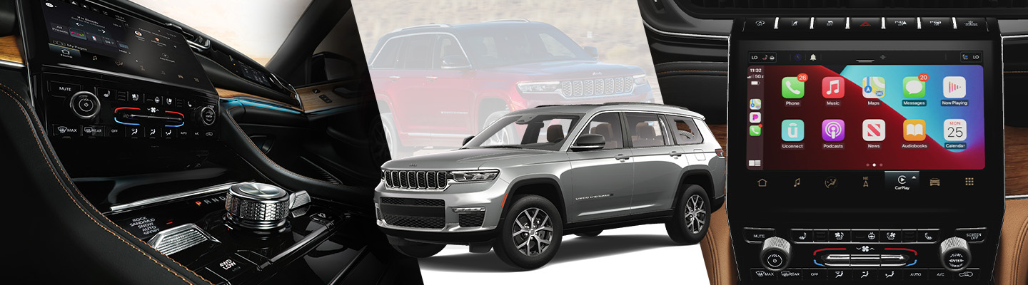 Jeep app, 2021 Jeep Grand Cherokee parked, and infotainment system